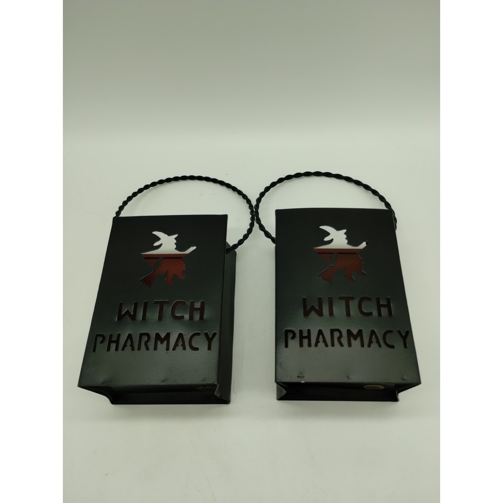 Set Of 2 Black Metal Witch Pharmacy Halloween Votive Candle Holders 4.5" X3"